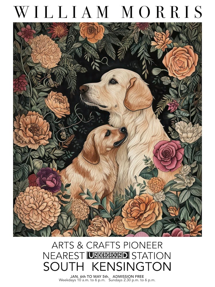 William Morris Print Dog Mamma Puppy Portrait Valentines Mothers Day Gift Botanical