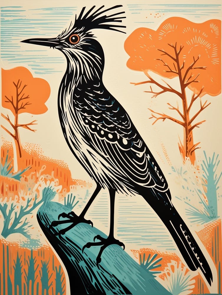 Vintage Bird Linocut Roadrunner 4