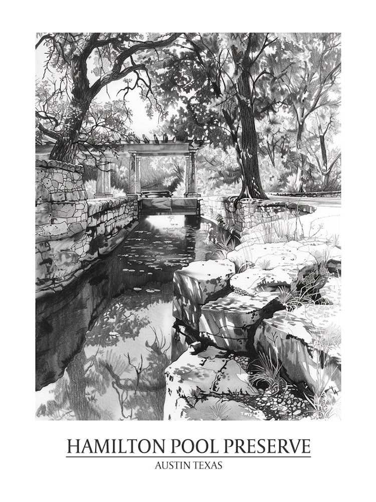 Hamilton Pool Preserve Austin Texas Black And White Drawing 2 Poster