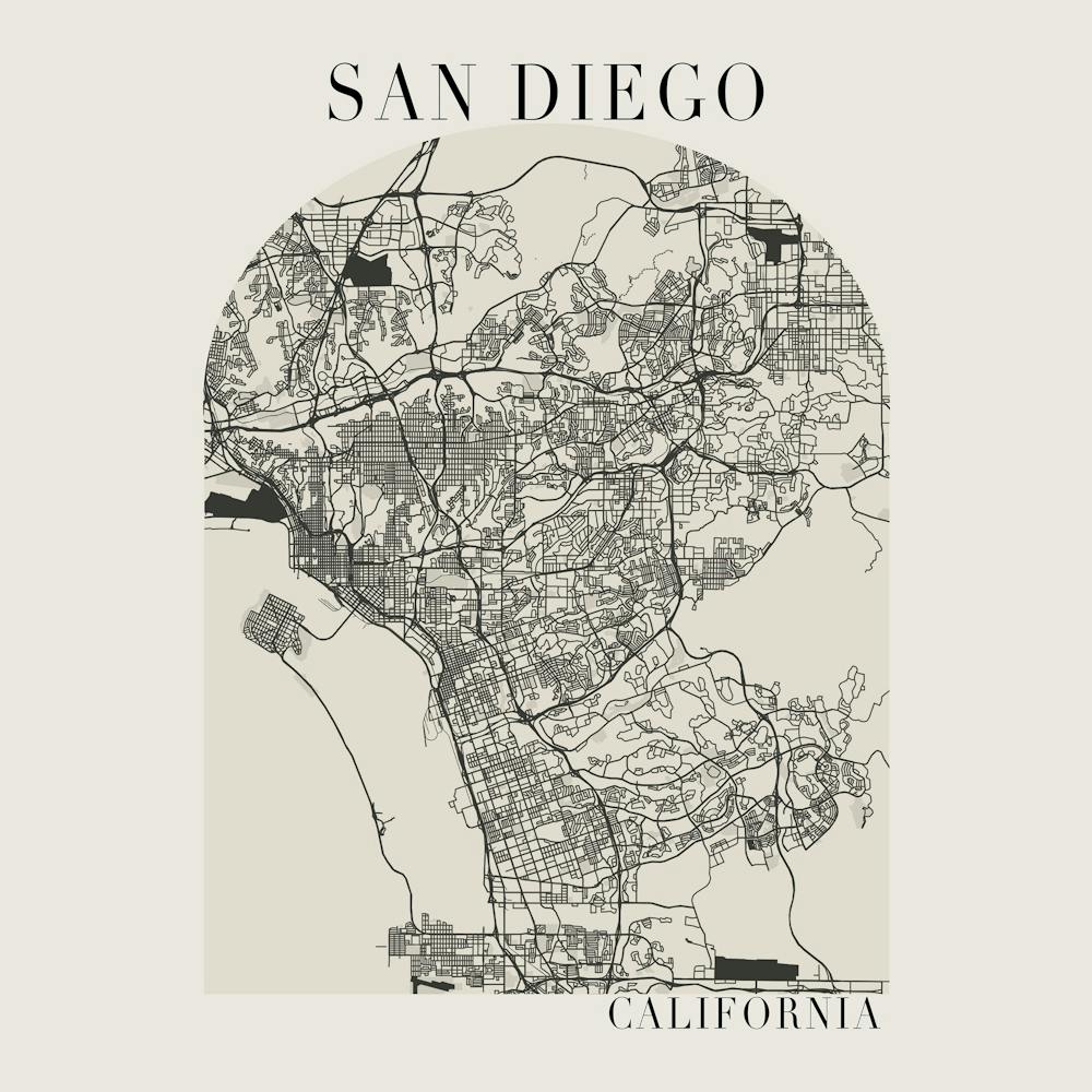 San Diego California Boho Minimal Arch Full Beige Color Street Map 1