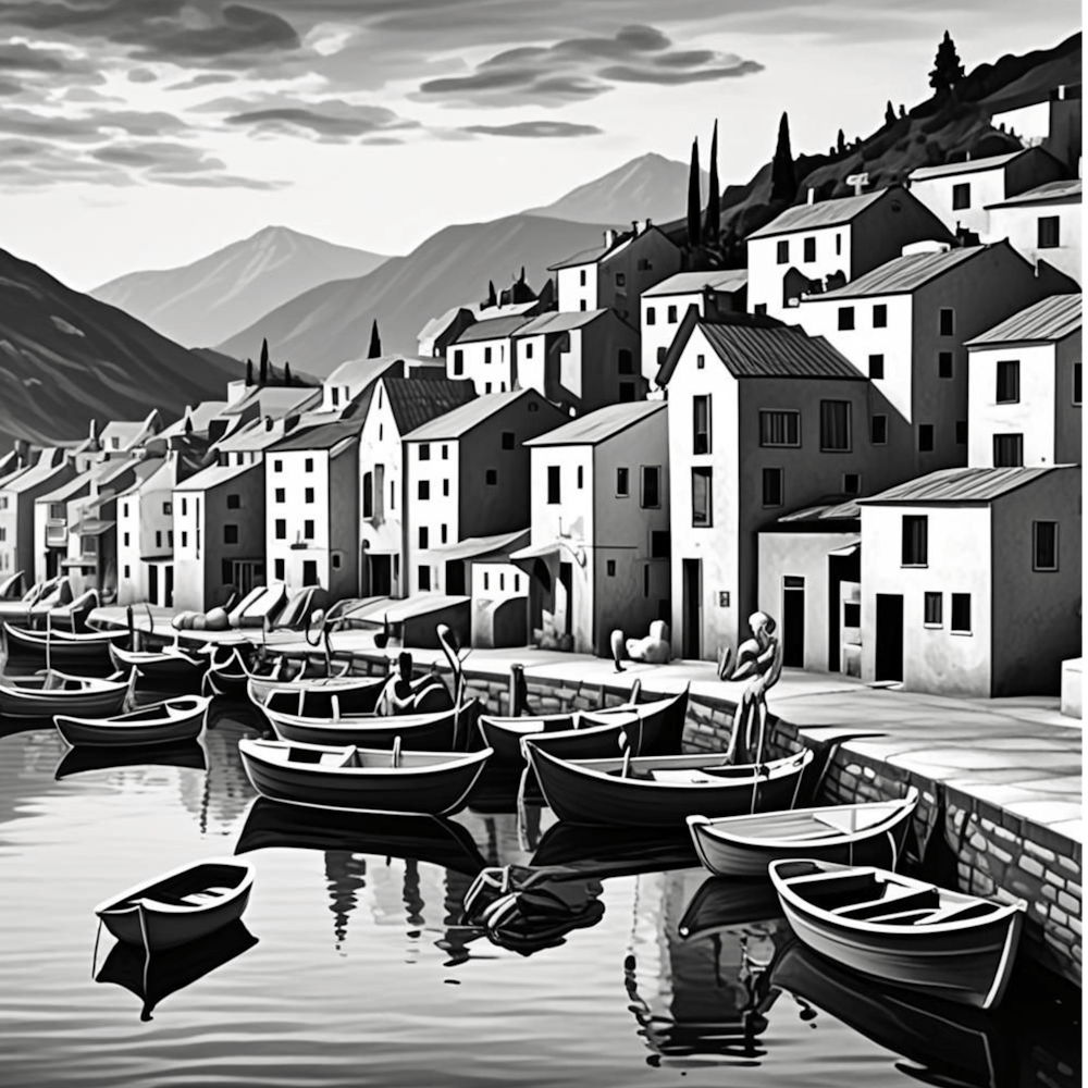 Modern Fishing Village Monochrome Cubism Style