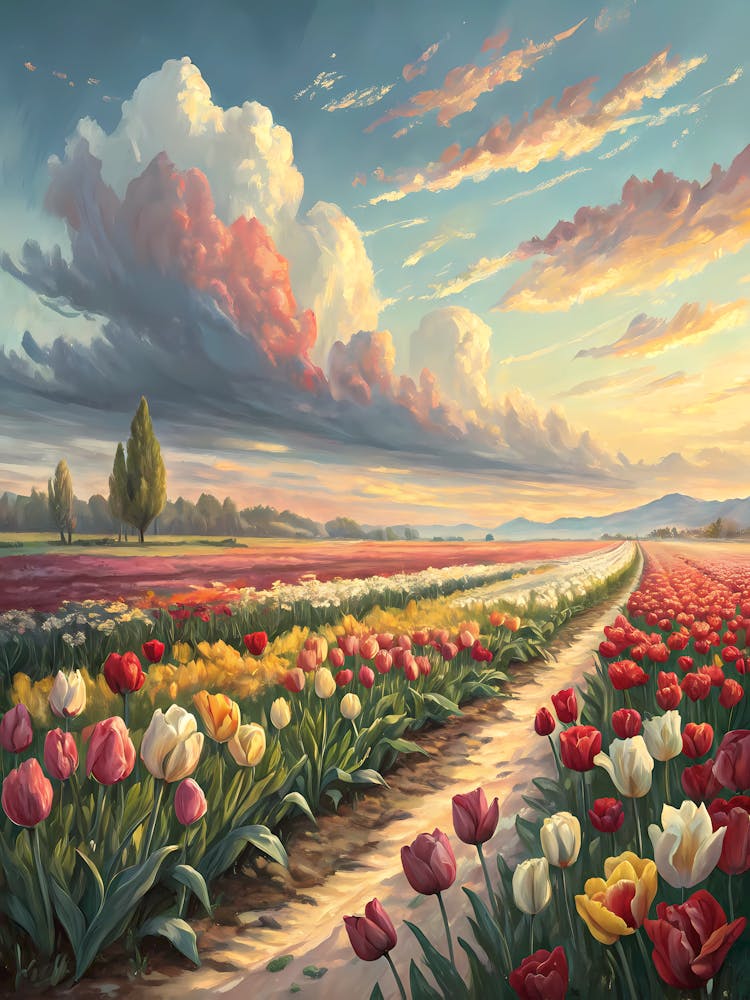 Oil Painting Style Vibrant Tulip Fields Spring Landscape with Colorful Blooms