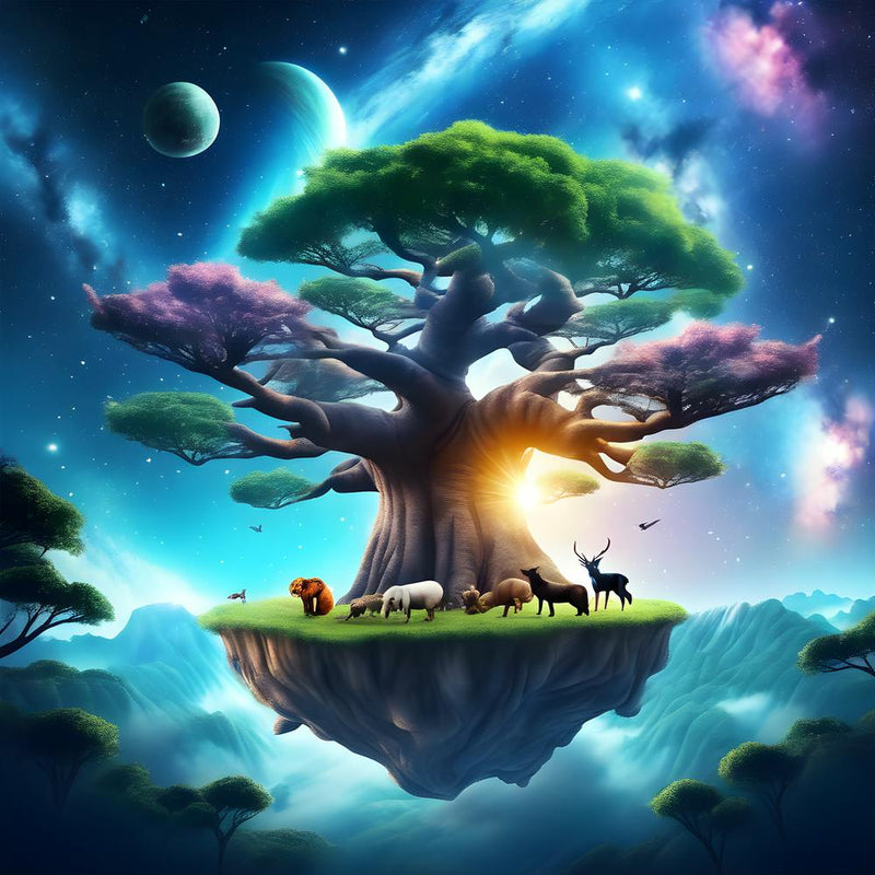Galaxy Sky Big Tree Realistic Atmosphere Flying Island Many Animals Gathered Around The Big Tree 723378696 (1)