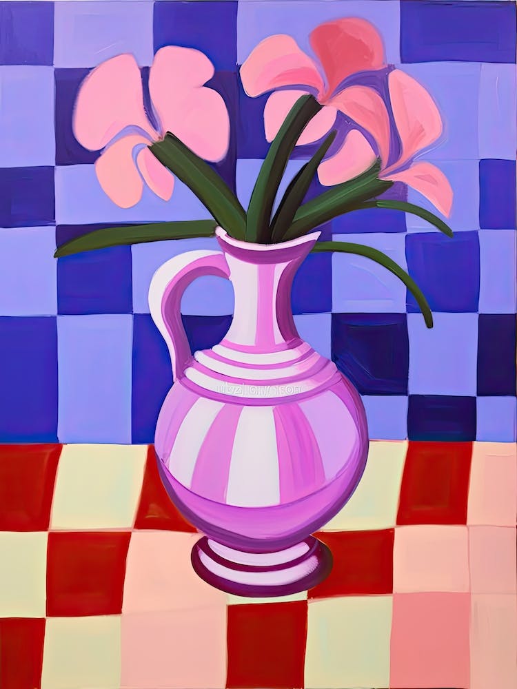 Painting Of A Pink Vase With Purple Flowers, Matisse Style 3