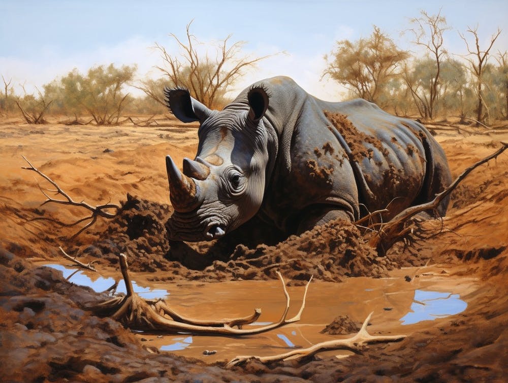 Black Rhinoceros Muddy Wallowing Realism 1