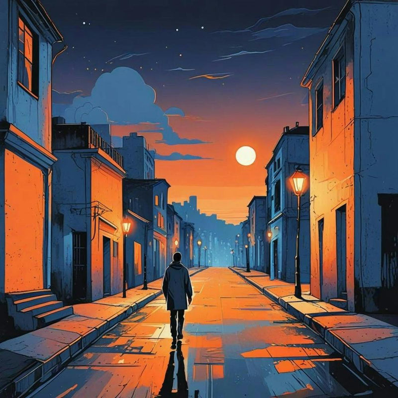 Night Scene Of A Street With A Person Walking Down The Street Art (1)