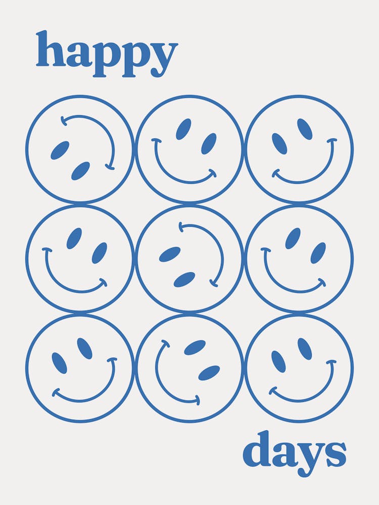 Happy Days blue smiley, smile, happy, positive, mood, affirmations, cool, cute, pink, minimal, aesthetic, smiley, vintage, retro, patterns, self love, groovy, funky
