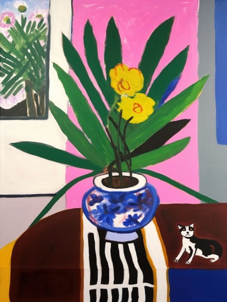 A Painting Of A Still Life Of A Iris With A Cat In The Style Of Matisse  1