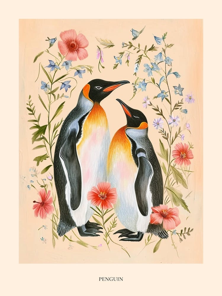 Folksy Floral Animal Drawing Penguin 2 Poster