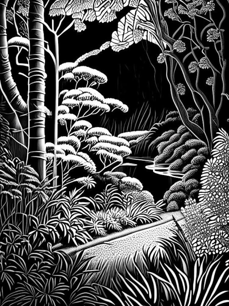 Pukekura Park, New Zealand, 1, Linocut Black And White Vintage