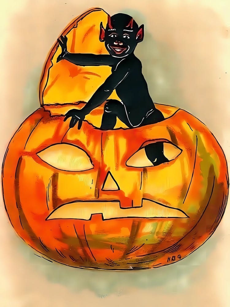 Little Black Devil Coming From A Carved Pumpkin