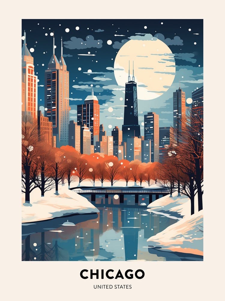 Winter Night  Travel Poster Chicago Usa 4