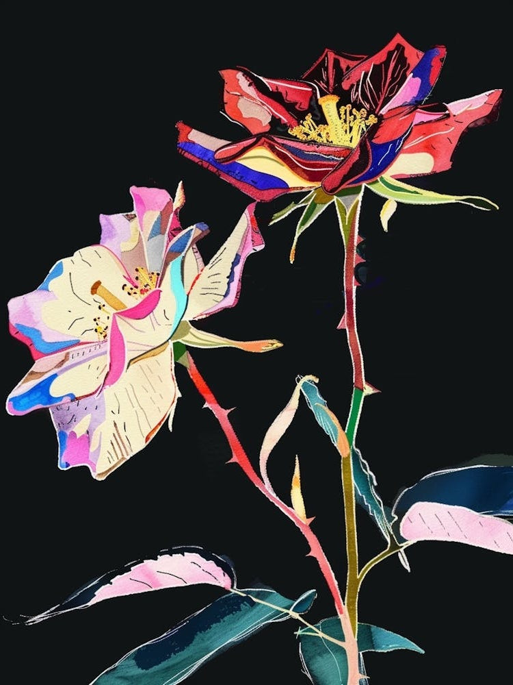 Neon Flowers On Black Rose 3