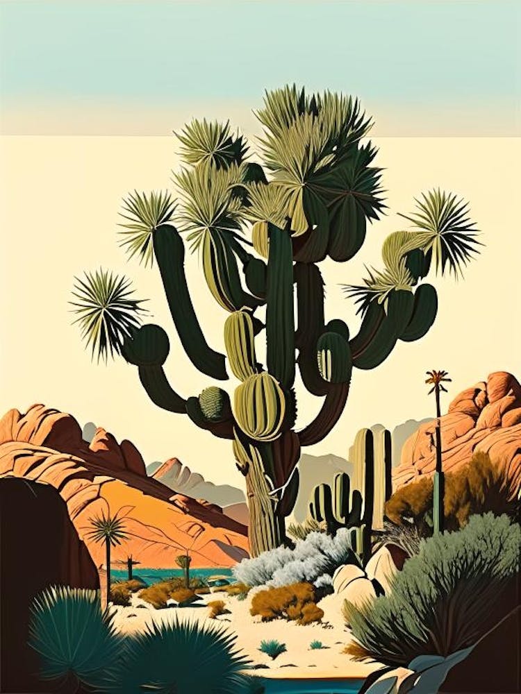 Joshua Tree In Mountain Foothill Retro Illustration