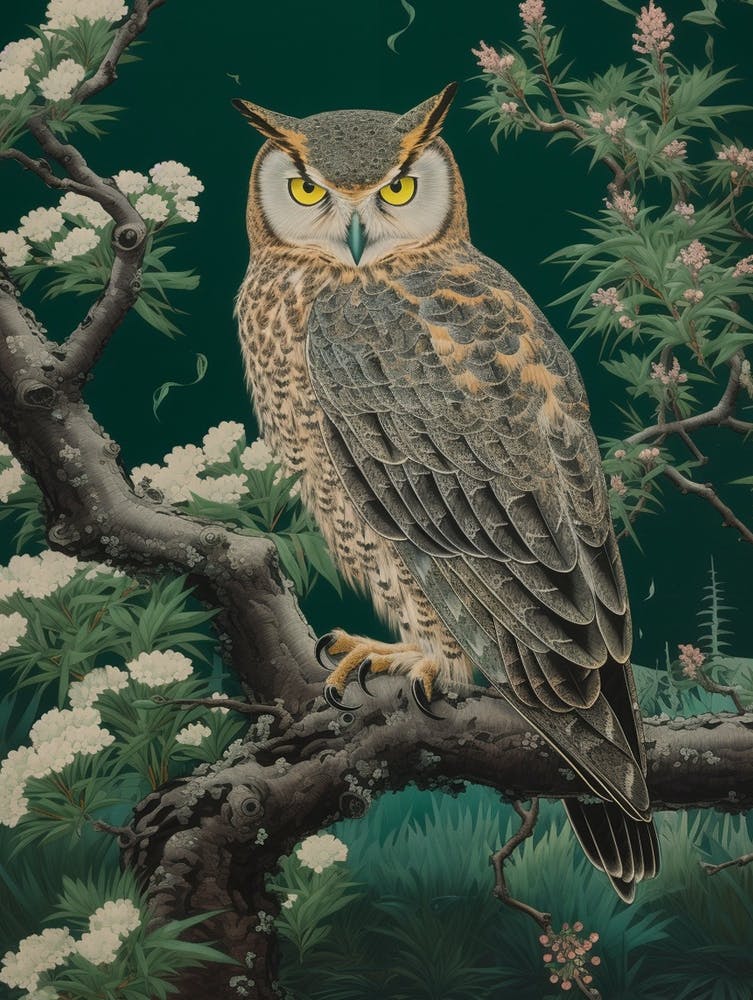 Ohara Koson Inspired Bird Painting Great Horned Owl 1