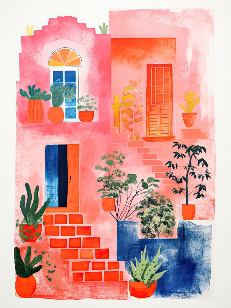 A House In Santorini, Abstract Risograph Style 3