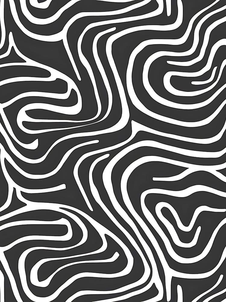 Schwarz-weißes abstraktes geometrisches nahtloses Muster mit wellenförmigen Formen und geschwungenen Linien Einfache monochrome Textur Grunge-Hintergrund Wiederholungsmuster für Deko Cover Druck