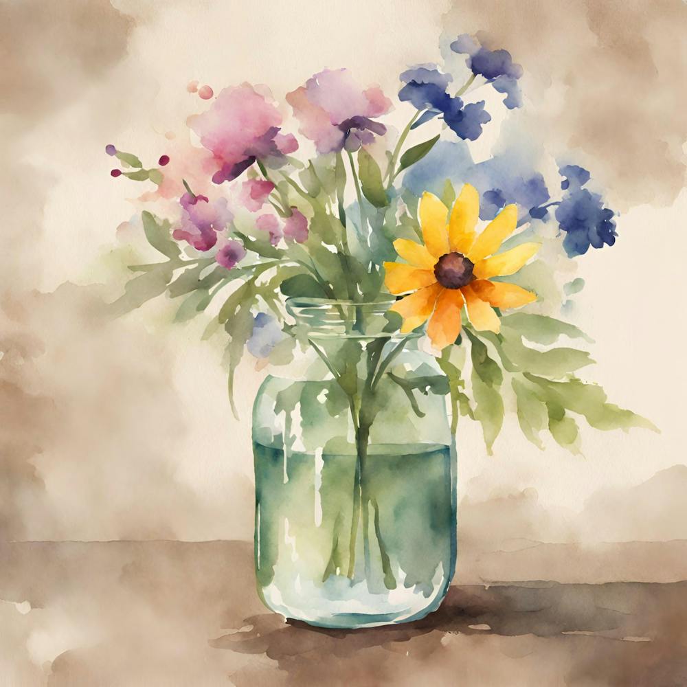 Watercolor Flowers In A Mason Jar 1