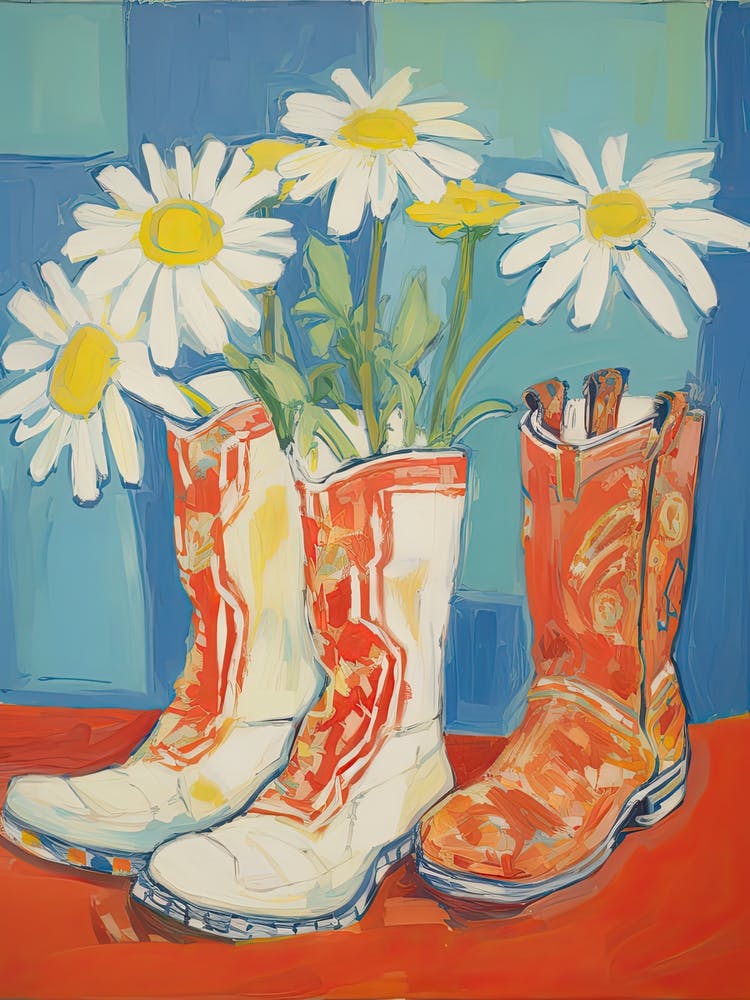 A Painting Of Cowboy Boots With Daisies Flowers, Pop Art Style 14