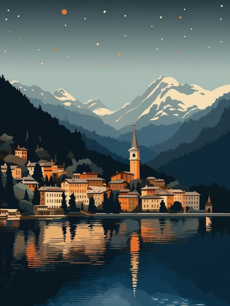 Winter Travel Night Illustration Lake Como Italy 1