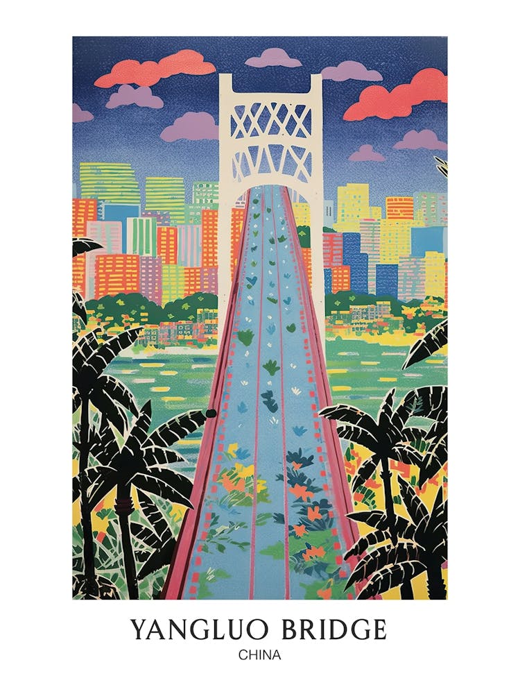 Yangluo Yangtze River Bridge, China Colourful 4 Travel Poster