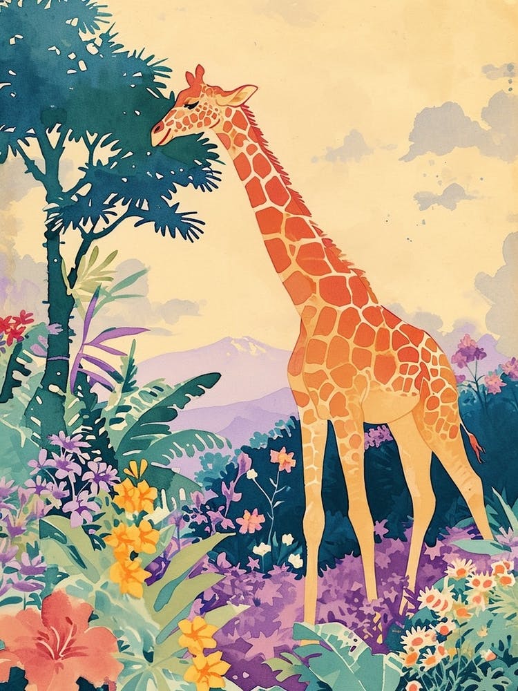 Cute Giraffe In The Leaves Watercolour Style Illustration 5
