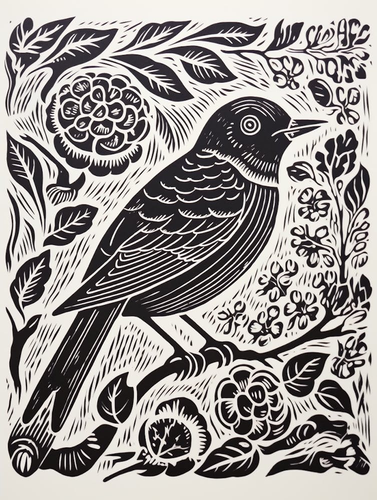 B&W Bird Linocut Bluebird 2