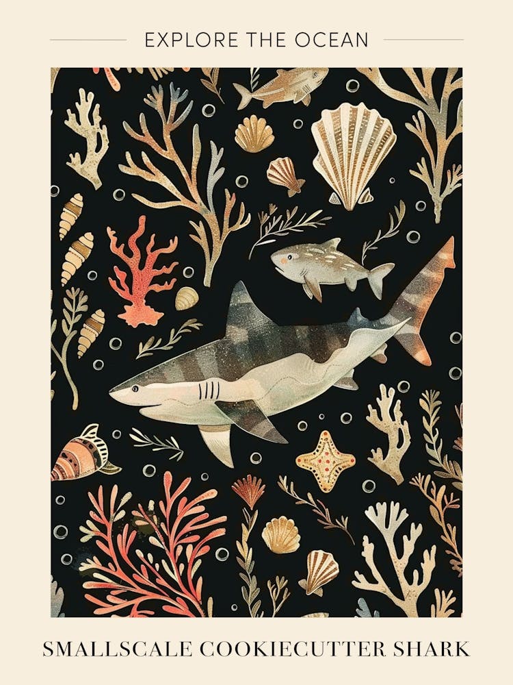Smallscale Cookiecutter Shark Seascape Black Background Illustration 2 Poster