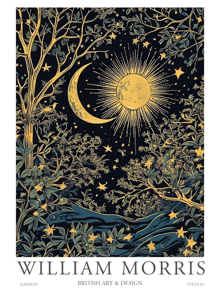 William Morris Art Moon Sun Eclipse Night Morris Exhibition Print Botanical Poster Vintage