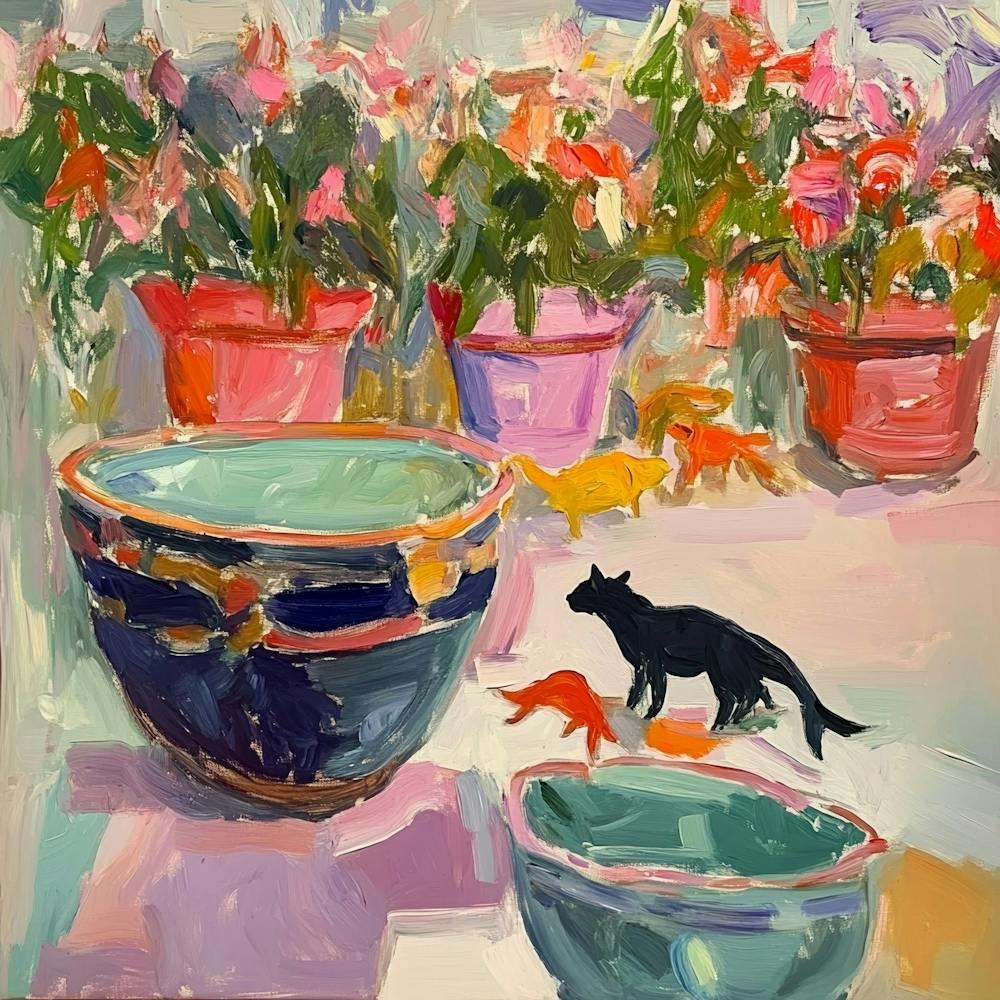 Cat In Blue Bowls Art