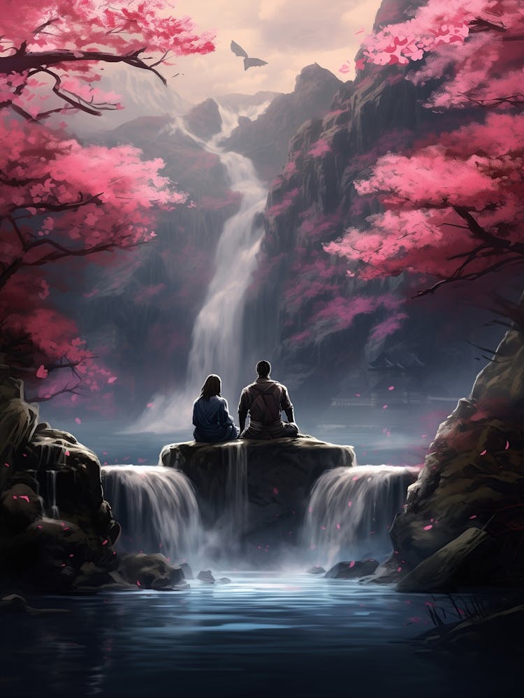 Waterfall With Cherry Blossoms