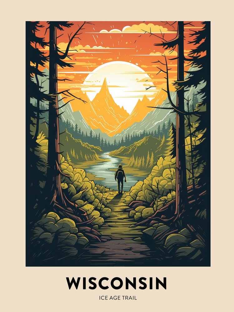 Ice Age Trail Usa Vintage Hiking Travel Poster