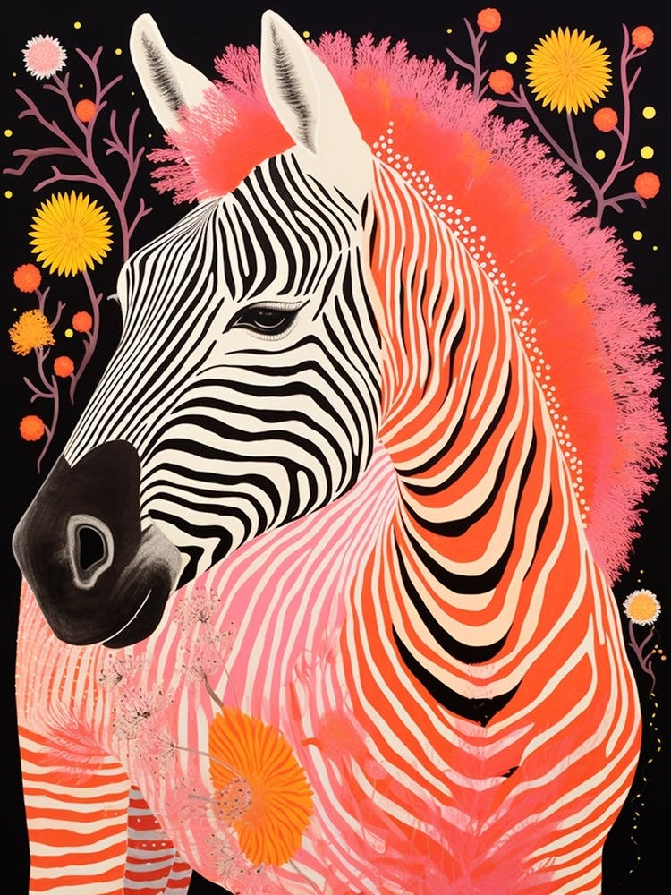 Portrait Of A Zebra At Night Floral