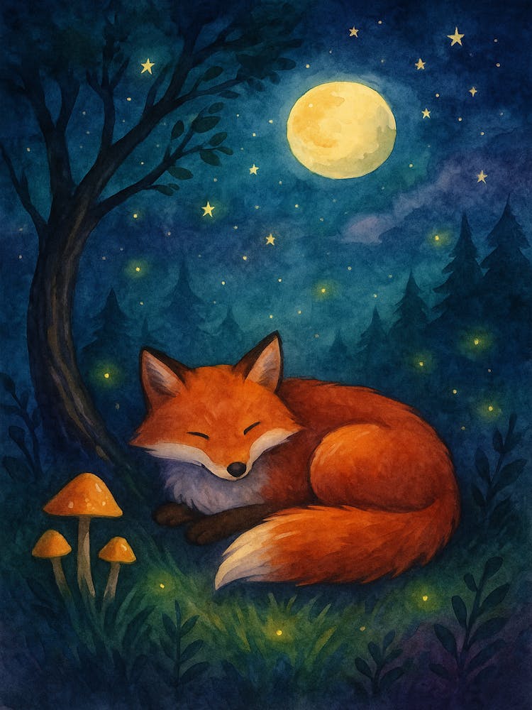 Magical Sleeping Fox Wall Art – Woodland Animal Printable for Nursery or Kids Room – Forest Night Scene Illustration