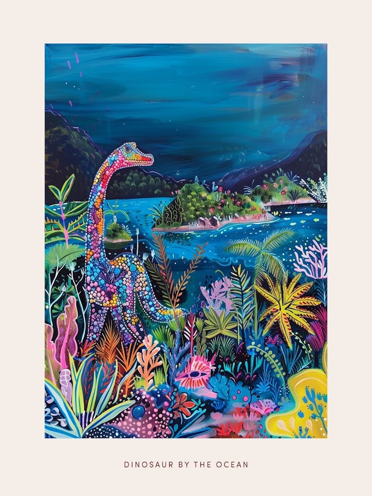 Dinosaur By The Ocean Colourful Painting Poster