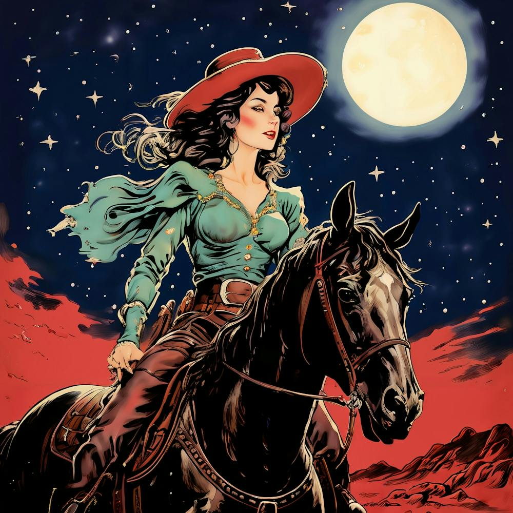 Retro Vintage Pinup Cowgirl On A Horse Riding Through the Starlite Sky Night Desert on a Full Moon
