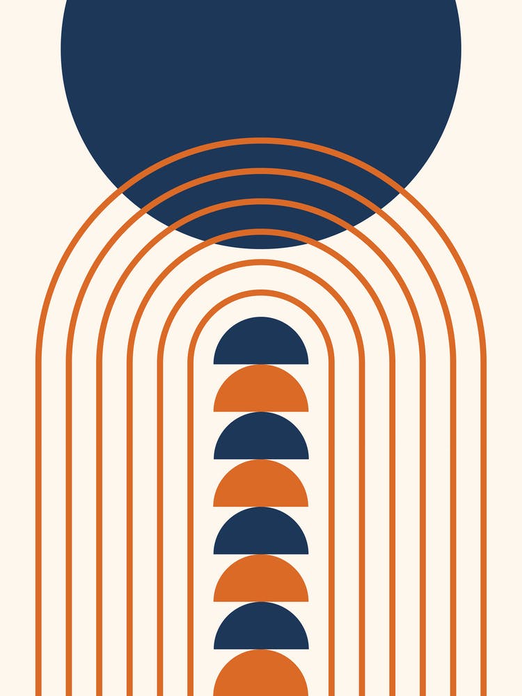 Modern Mid Century Gateway Sun Moon Rainbow 14 Abstract in Navy Blue Burnt Orange 5