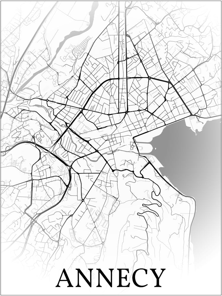 Annecy, Haute Savoie, France, City Map, Black And White Fade Design