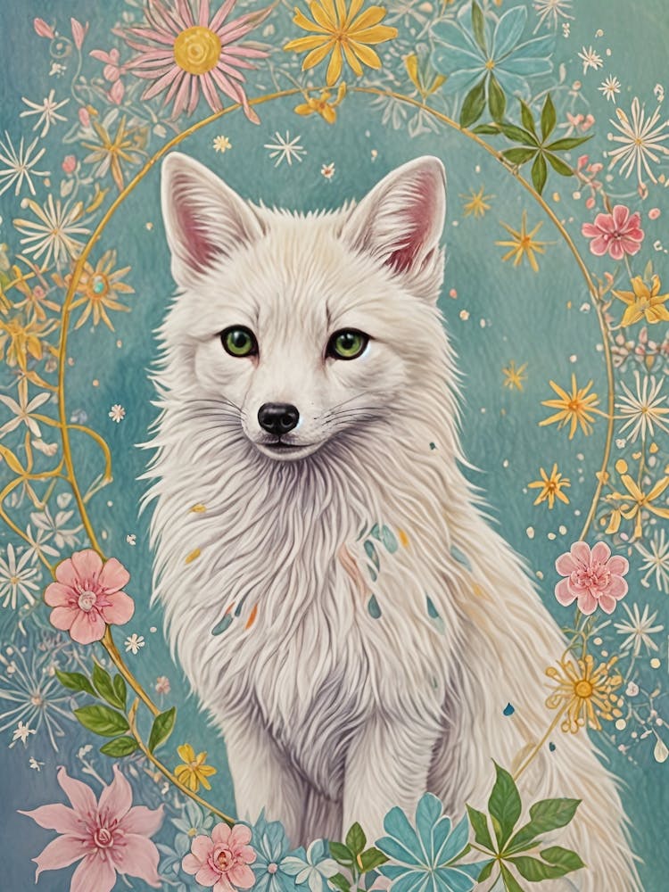 Arctic Fox In Floral Frame