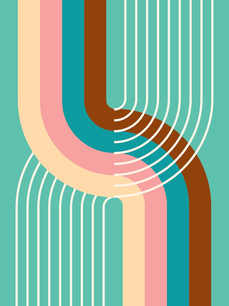 Midcentury Modern Geometric Rainbow Abstract Iii In Teal Brown 01