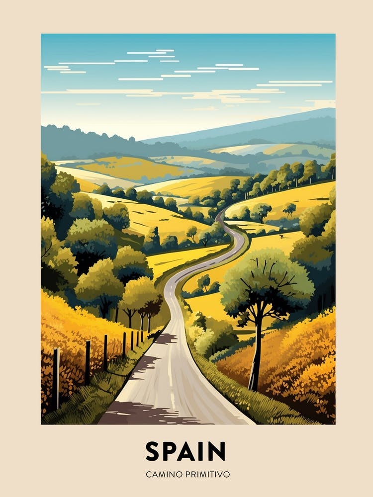 Camino Primitivo Spain Vintage Hiking Travel Poster