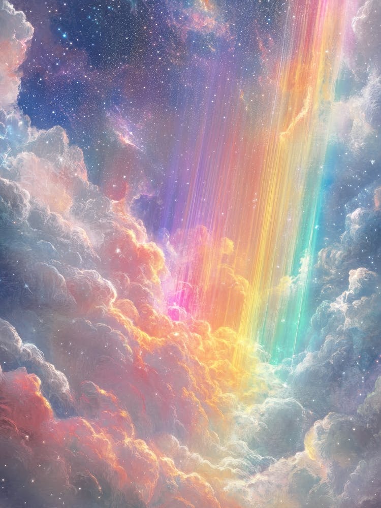 painting of a rainbow in night sky in deep violet and gold in the style of visionary, cosmic pop - astral dreamscape artwork ideal for gallery wall, creative studio, or bedroom