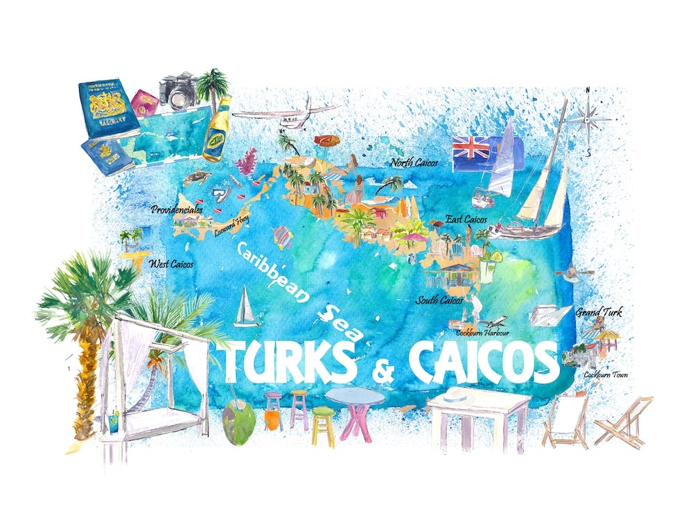 Turks Caicos Antilles Illustrated Travel Map With Roads And Highlights