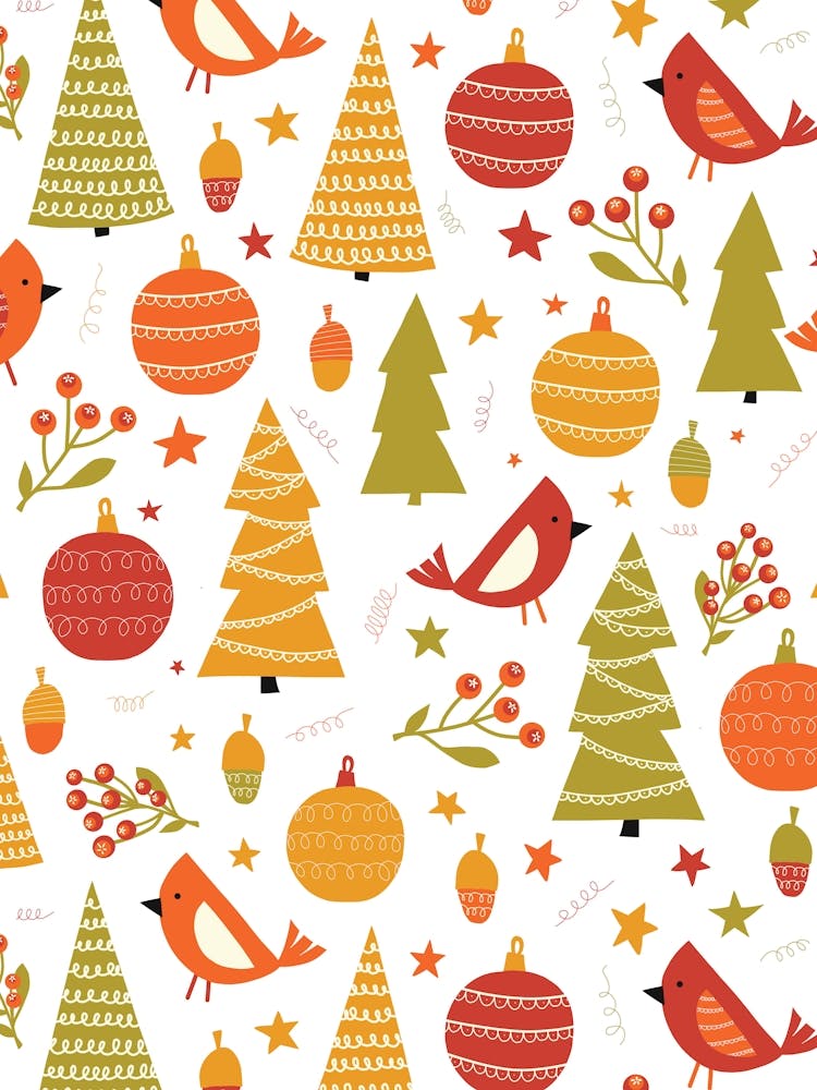 Modern Folk Art Christmas Forest Yellow, Red, Green, White