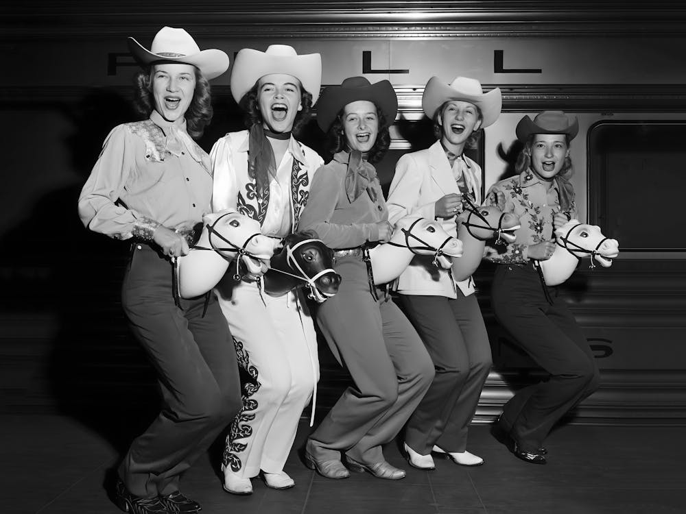 Cowgirls With Stick Horses, Western Aesthetic,Funny Vintage Black and White Old Photo