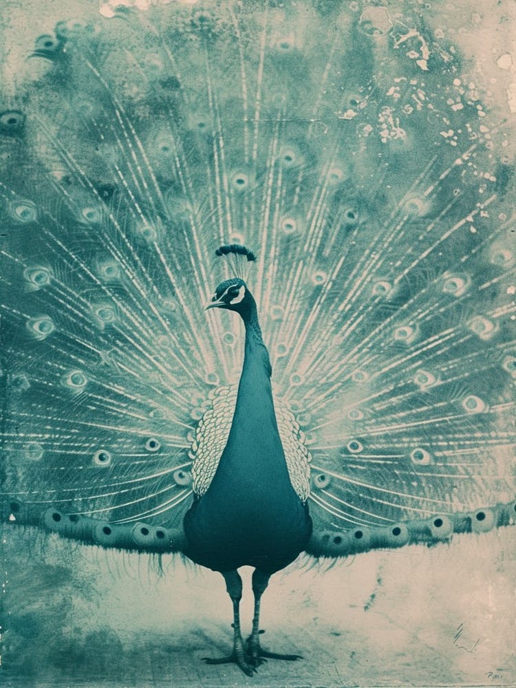 Vintage Turquoise Peacock With Feathers Out