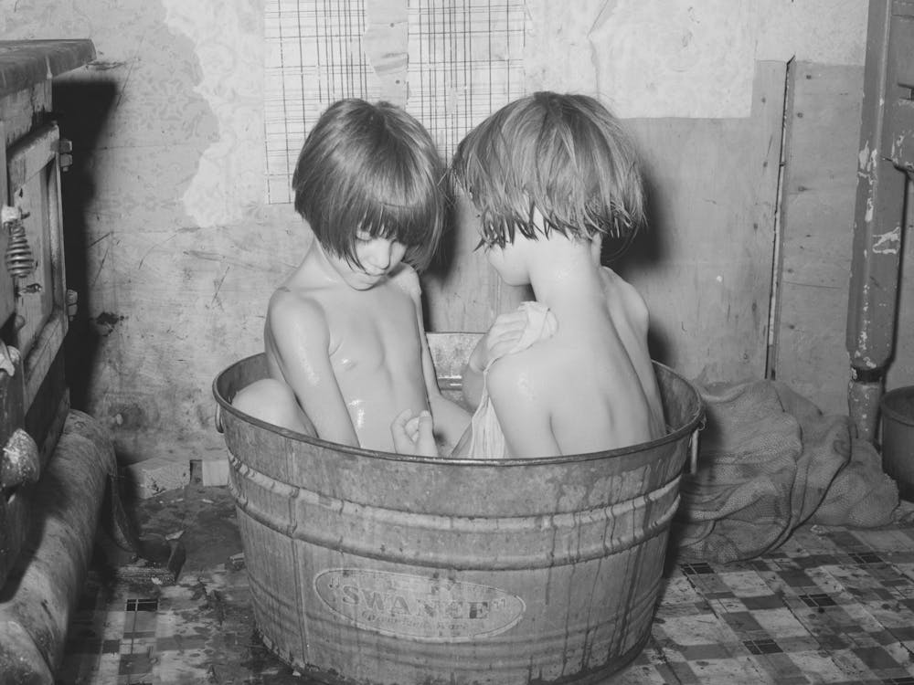 Children Taking Bath In Their Home In Community Camp, Oklahoma City, Oklahoma, See General Caption 21 By 1