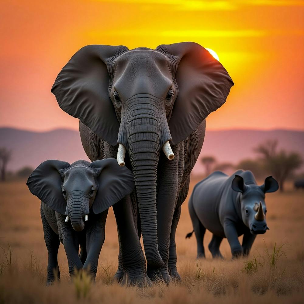 Family Of Elephants At Sunset