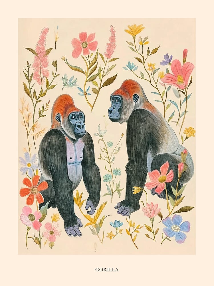 Folksy Floral Animal Drawing Gorilla 7 Poster