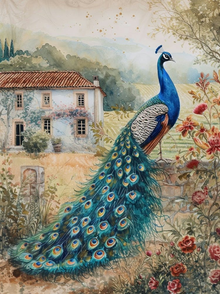 Peacock By The Castle Watercolour 1